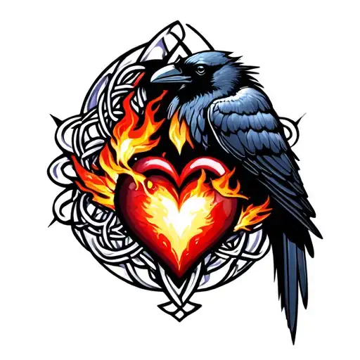 celtic crow and firey heart tattoo design idea