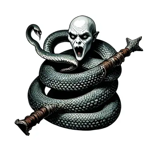 Slytherin snake wrapped around Voldemort's wand tattoo design idea