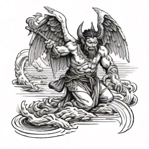 an angel holding the head of an japanese oni, preventing it from emerging from a lake. tattoo design idea