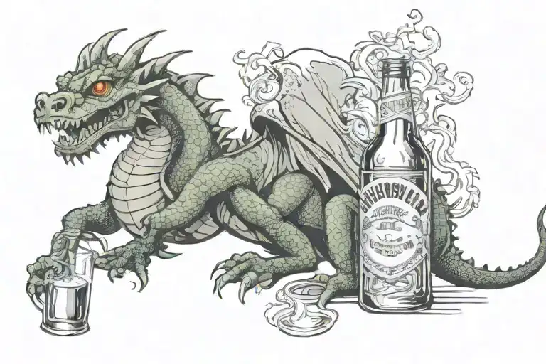 drunk dragon with a bottle of beer below the inscription tattoo design idea