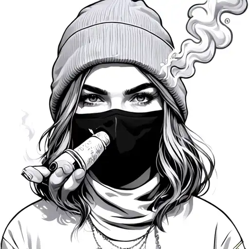 girl in ski mask smoking a joint blowing smoke up tattoo design idea