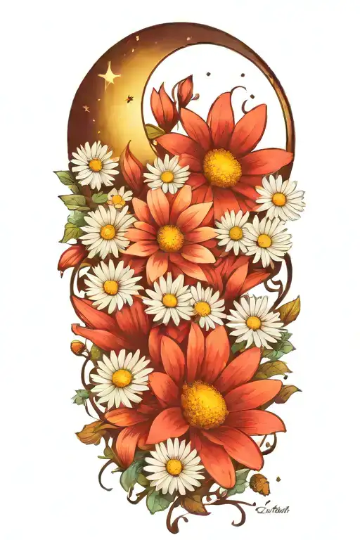 A detailed crescent moon surrounded by daisies and cosmos flowers tattoo design idea