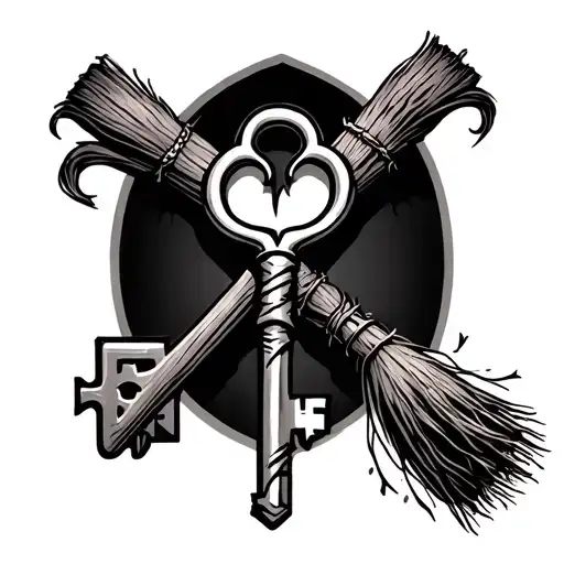 witch broom and key shaped like tattoo design idea