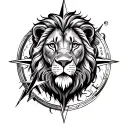 half sleeve lion tattoo with compass rose surrounded tattoo design idea