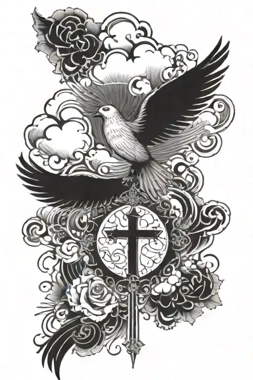 Crosses and scripture clouds and a dove tattoo design idea