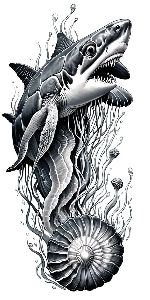 ocean, shark, shells, under water, turtle, jelly fish swimming tattoo design idea