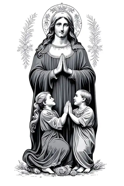 santa maria with 2 kids praying hands holding tattoo design idea