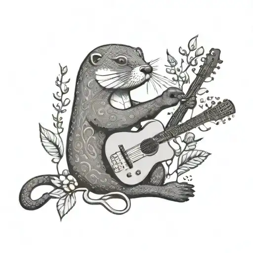 An otter playing a crochet hook like a guitar surrounded by plant vines tattoo design idea