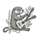 An otter playing a crochet hook like a guitar surrounded by plant vines tattoo design idea