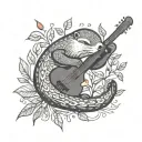 An otter playing a crochet hook like a guitar surrounded by plant vines tattoo design idea
