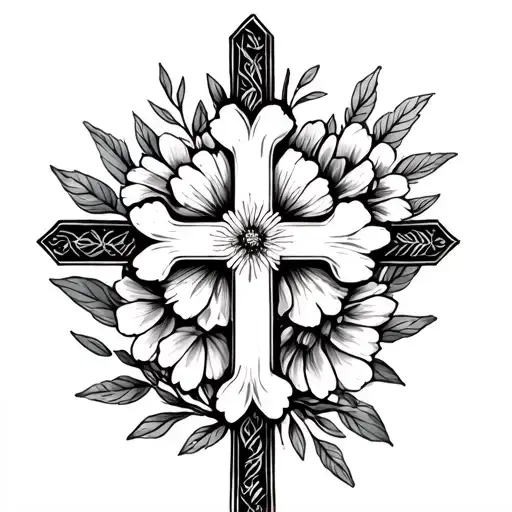 dainty cross with birth month flowers; October, November and February  tattoo design idea