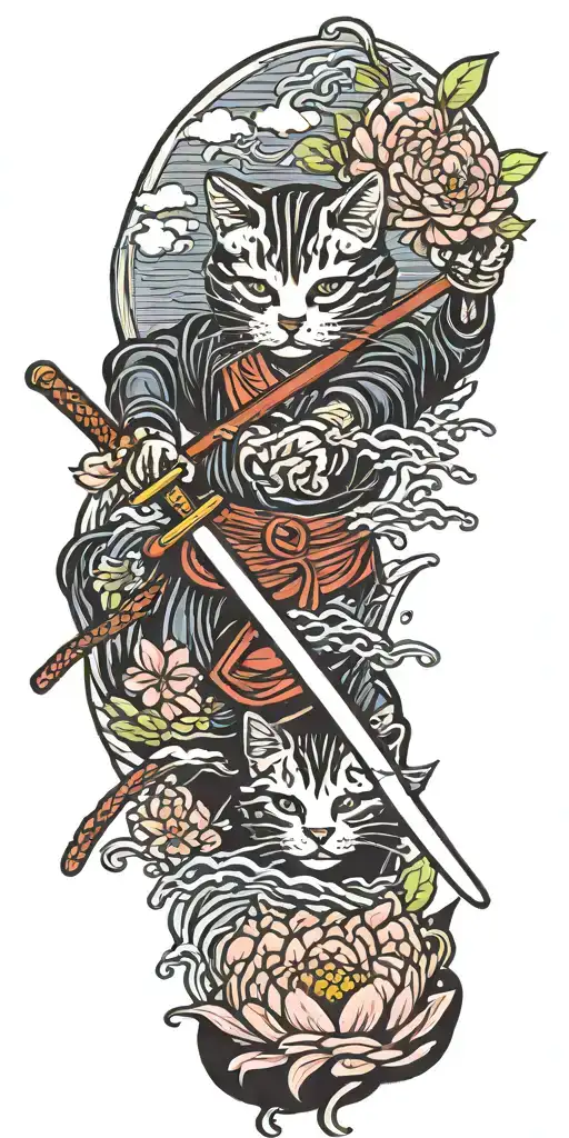 ninja cat holding katana, tail, water, waves, lotus, sakura, clouds, whirlpool, leaves, peony, sunset tattoo design idea