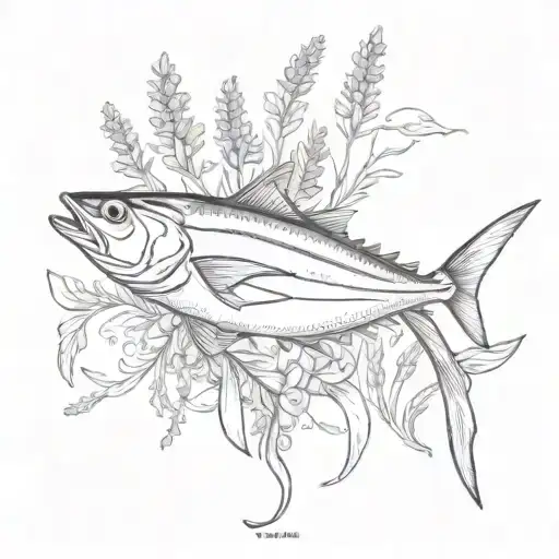 tuna  fish surrounded by lavender tied with a ribbon tattoo design idea