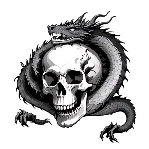 sleeping dragon curled around giant skull tattoo design idea