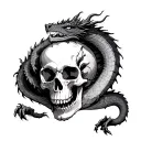 sleeping dragon curled around giant skull tattoo design idea