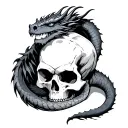 sleeping dragon curled around giant skull tattoo design idea