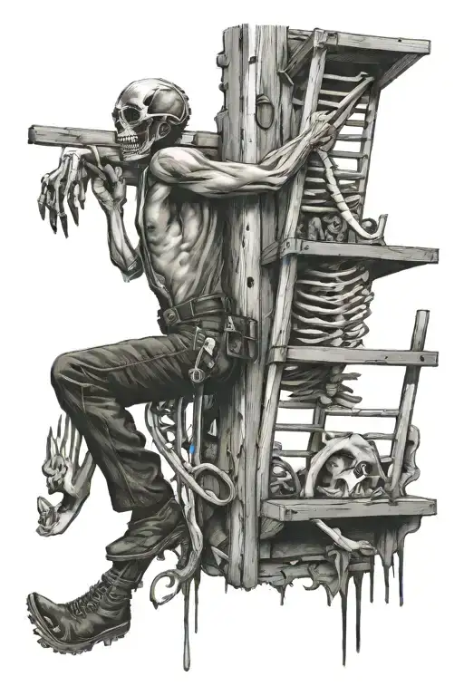 man climbing a ladder made of knives and skeleton hand  tattoo design idea