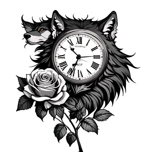wolf with roman number clock and a rose growing tattoo design idea