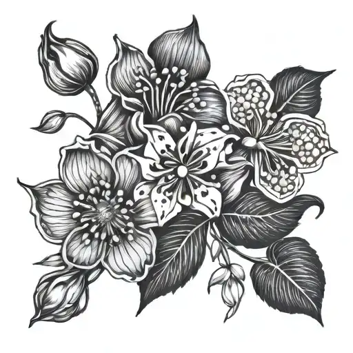 aster poppy Lilly of the valley flowers intertwined tattoo design idea