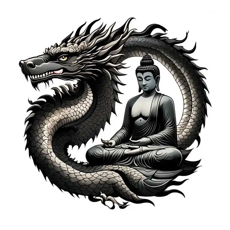 Naga thai dragon facing up with buddha sitting side tattoo design idea