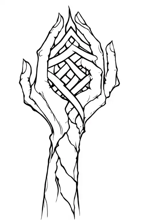 ripped skin to a celtic knot underneath entertwining jesters fingers that. dark black lines crude and scary. no shading. tattoo design idea