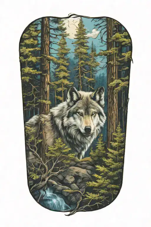 wolf blue eyes howling forest landscape tattoo design idea