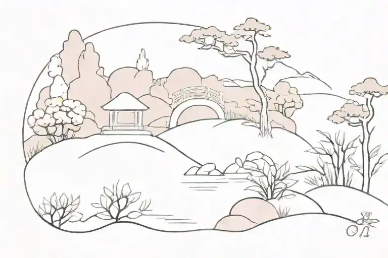 Japanese garden scene tattoo design idea