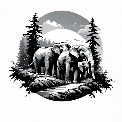 4 elephants walking up forest path tattoo design idea