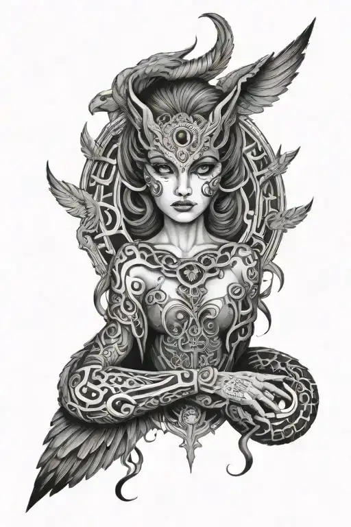 lilith sleeve with owl serpant and symbols intertwined tattoo design idea