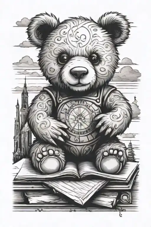 Sketch for a tattoo, where there should be: a book teddy bear, French language, sunset; on the whole arm from the shoulder to the palm tattoo design idea