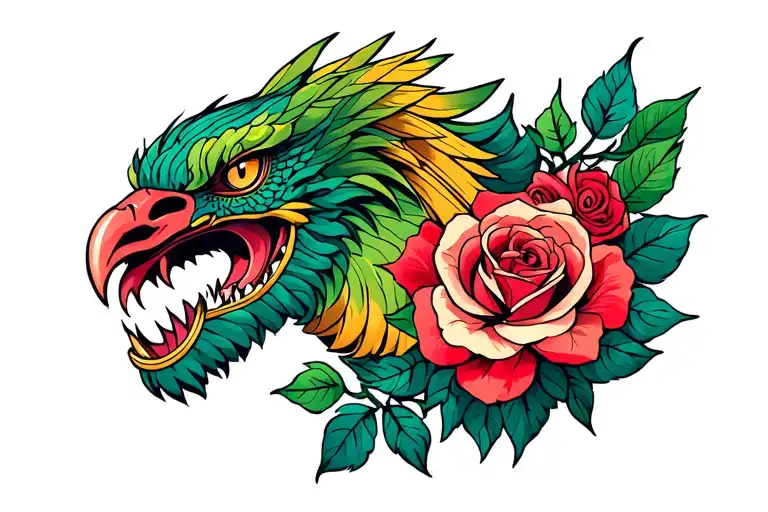 menacing Quetzalcoatl with large feathers under the roses already on my arm filling the space to my elbow tattoo design idea