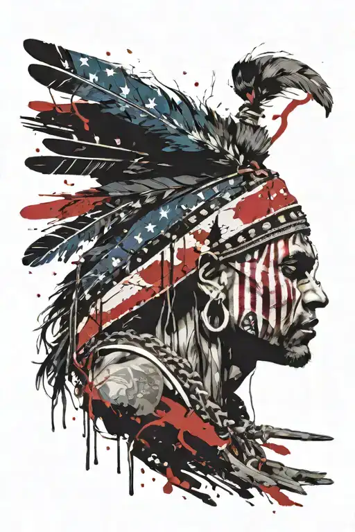 A Indian Warrior Breaking chains  that turn into american flags  tattoo design idea