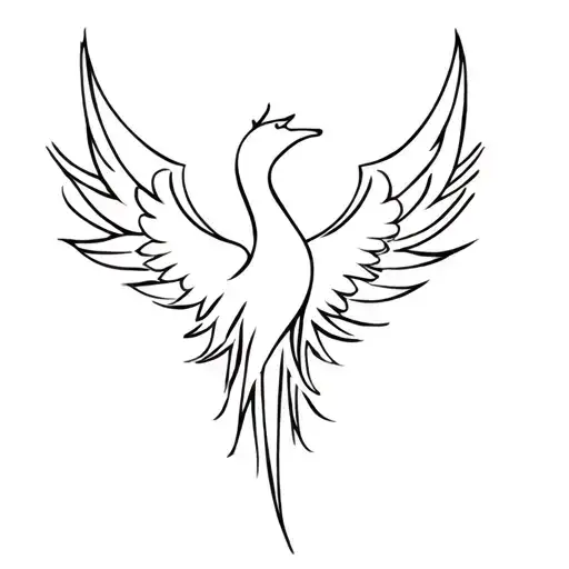 A minimalist design of a phoenix rising upward, with clean, abstract wings and flames formed by smooth curves. Beneath o tattoo design idea