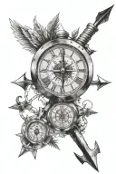 arrow with a clock in half with fading Roman numerals and the other half a compass and in the middle of that a J tattoo design idea