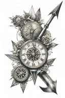 arrow with a clock in half with fading Roman numerals and the other half a compass and in the middle of that a J tattoo design idea