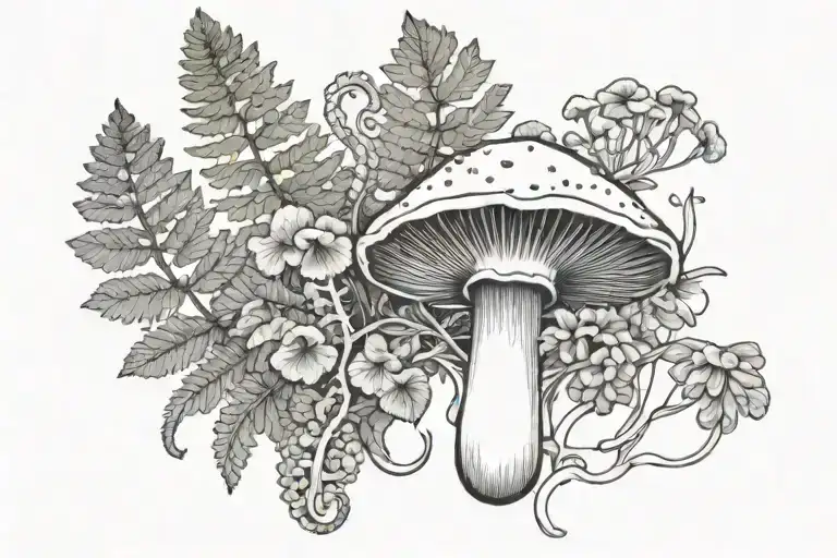 ferns and mushroom and bleeding heart tattoo design idea