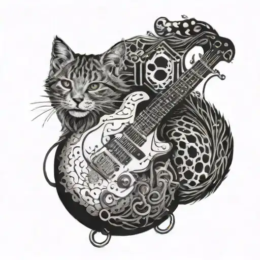 bby wild cat, electric guitar, old map, tattoo design idea