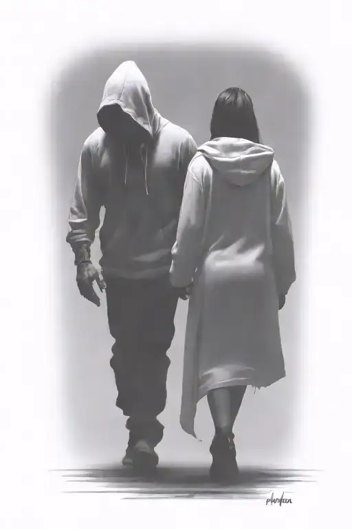 muscular hooded demon and a ethereal woman walking away tattoo design idea