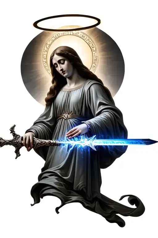 saint mary with halo energy sword tattoo design idea
