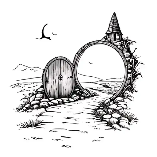 round open hobbit door view on a path and adventure tattoo design idea