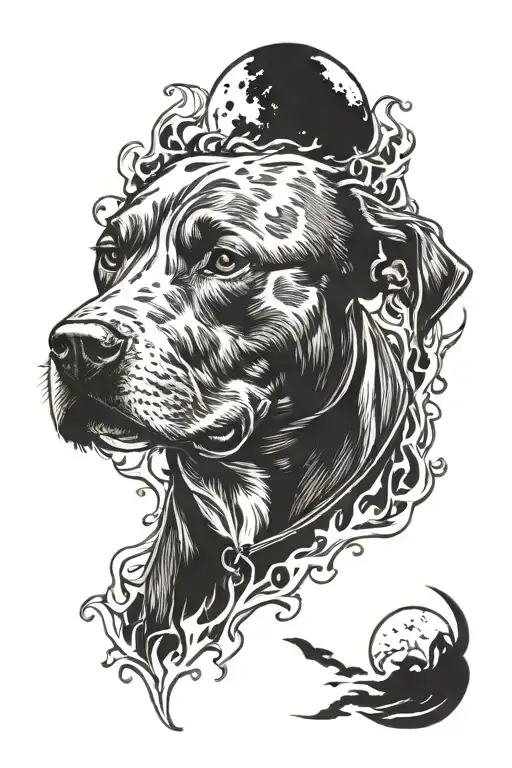 pitbull and fire and moon tattoo design idea