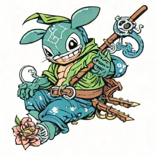stitch cosplaying as zoro from one piece anime tattoo design idea