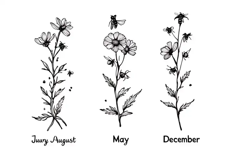 birth flowers for January, May, July, August and December with braided twig and tiny bees tattoo design idea
