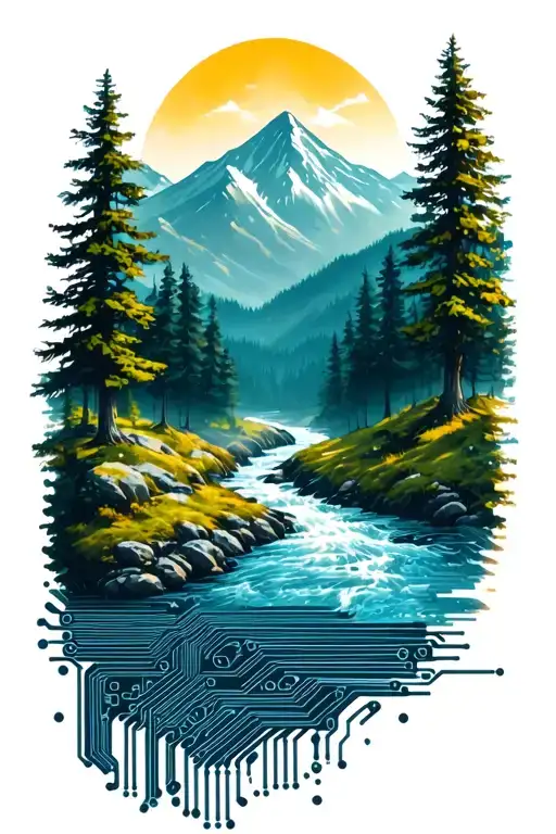 microchip circuit infused with forest with river flowing and  mountain in background  tattoo design idea