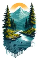 microchip circuit infused with forest with river flowing and  mountain in background  tattoo design idea