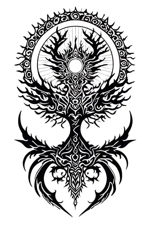 tribal design including army elements, tree of life, dna strand, goddess sun moon, dragon tattoo design idea
