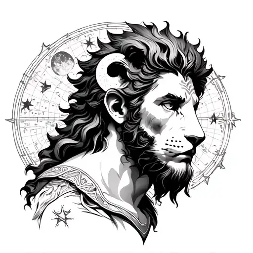 greek mythology guy wearing lion head with sun and moon and star map tattoo design idea