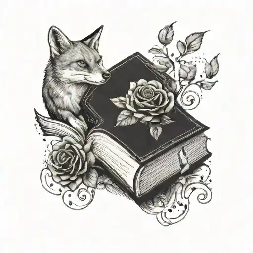 A surreal tattoo of a rose growing out of a book, with The Little Prince character sitting on top and a fox peeking out from behind, representing the client's love for reading and imagination tattoo design idea