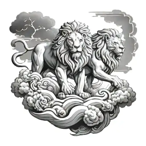 path in clouds with two lion statues on each side tattoo design idea