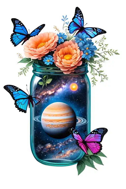 Milky Way Galaxy with planets inside of a mason jar with flowers and butterflies  tattoo design idea
